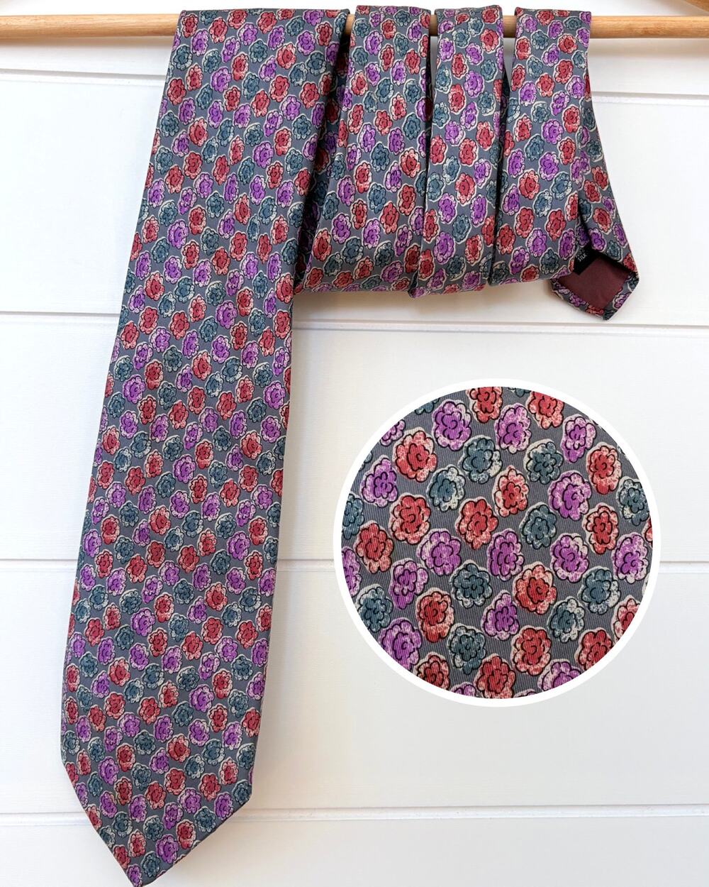 Classics Debenhams Floral Silk‎ Tie Classic W 3.5" L 56" Purple Gray Red Retro